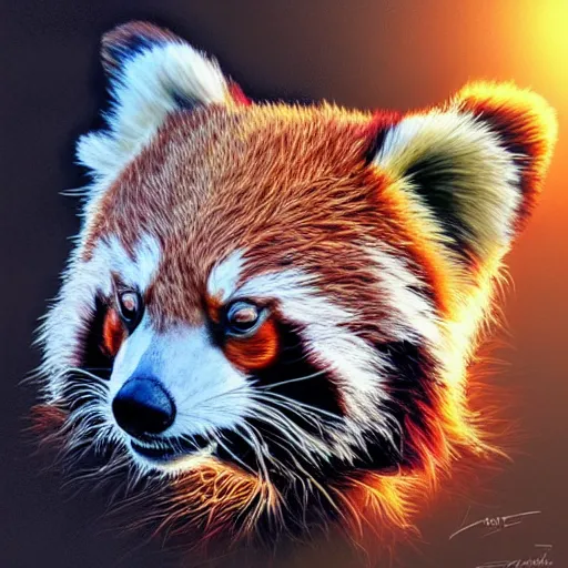 Image similar to Geometric red panda, sun in the background, intricate, elegant, highly detailed, digital painting, artstation, concept art, smooth, sharp focus, illustration, art by artgerm