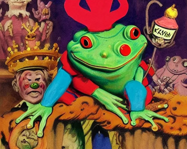 Prompt: The Clown Frog King wins the jackpot, king pepe with rainbow wig, painting by Frank Frazetta, sketch by Robert Crumb and painting by Ralph McQuarrie