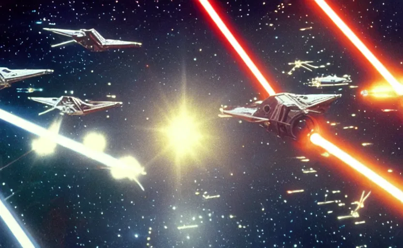 Image similar to iconic cinematic screen shot of fleet of x wing star fighters from the 1 9 8 0 s star wars sci fi film by stanley kubrick, optical glowing lasers, volumetric light, full of detail, 4 k uhd, kodak film stock, anamorphic lenses 2 4 mm, lens flare, iconic cinematography, award winning