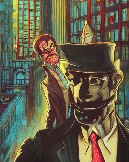 Image similar to portrait, center focus, sinister smug male antagonist in suit, uptown finance city street, artwork by ralph bakshi