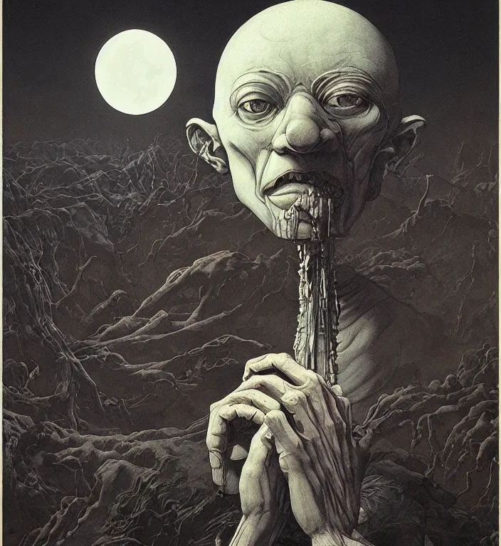 Prompt: old white - headed man under the huge moon on a street of ruined city by beksinski and takato yamamoto and austin osman spare and edward hopper and mark ryden and tsutomu nihei, very coherent, baroque elements, perfect anatomy, intricate design. pop art.