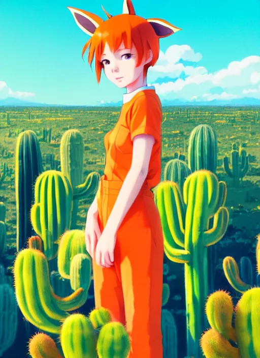 Image similar to portrait of cute redhead girl in orange jumpsuit with fox ears by ilya kuvshinov, holding a cactus, cloudy sky background lush landscape illustration concept art anime key visual trending pixiv fanbox by wlop and greg rutkowski and makoto shinkai and studio ghibli