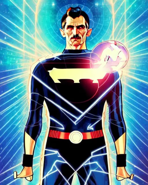 Prompt: Nikola Tesla as a superhero with electric powers, epic and stunning character design, action scene, cover art, by DC comics and Marvel Comics and Sandra Chevrier, trending on Pixiv