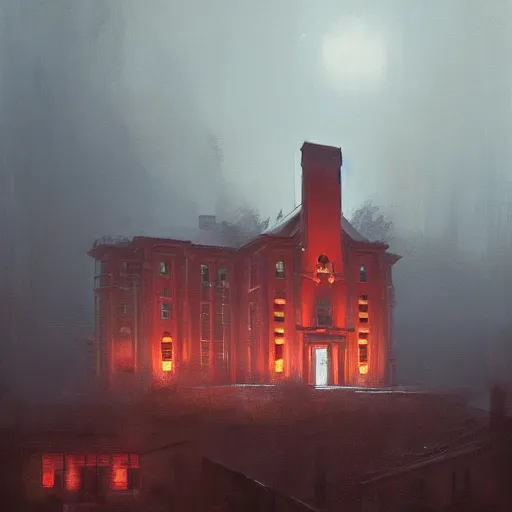 Image similar to a beautiful picture of the red lodge by Greg Rutkowski and David Lynch, trending on Artstation