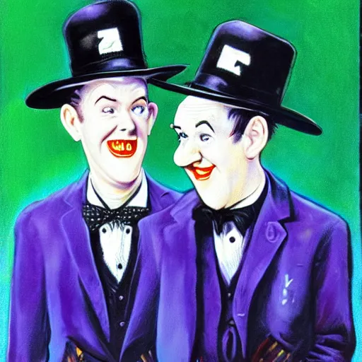 Prompt: A portrait of Stan Laurel and Laurel Hardy in hats by Frank Kelly Freas