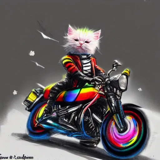 Image similar to wide angle full body, jacket wearing fluffy cute rainbow kitten wearing a black leather motorcycle jacket, riding on a motorcycle, cinematic concept art