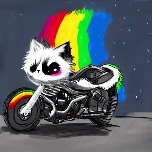 Image similar to wide angle full body, jacket wearing fluffy cute rainbow kitten wearing a black leather motorcycle jacket, riding on a motorcycle, cinematic concept art