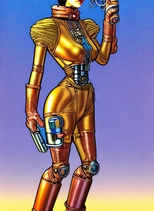 Prompt: image of beautyful female android steampunk by jean giraud,