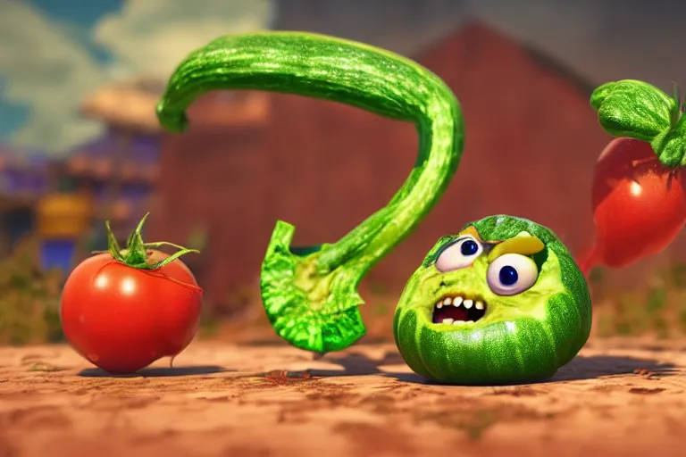 Image similar to detailed 3 d render of a mad zucchini with a bloody sword in his hand, running down a winded road chasing after a group of scared tomatoes, hyper realistic octane render, dramatic lighting, high speed chase, wide angle, nightmare, surrealism, pixar, disney, cartoon