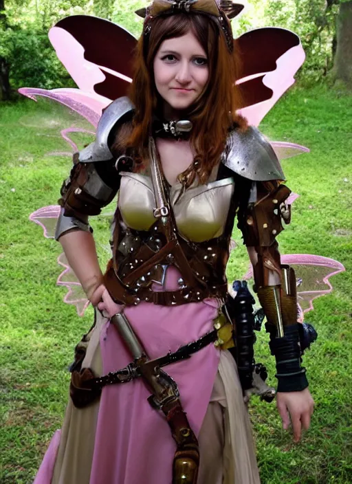 Image similar to Brown hair pink eye female faerie heart paladin planeteer + Tinkerbell +pixie hollow + steampunk + full dress + sparked and a full plate armor + D&D + full body