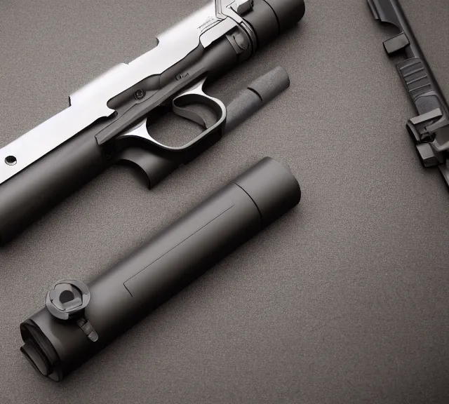 Image similar to a 4 k photorealistic photo product photo of a gun designed by apple inc.