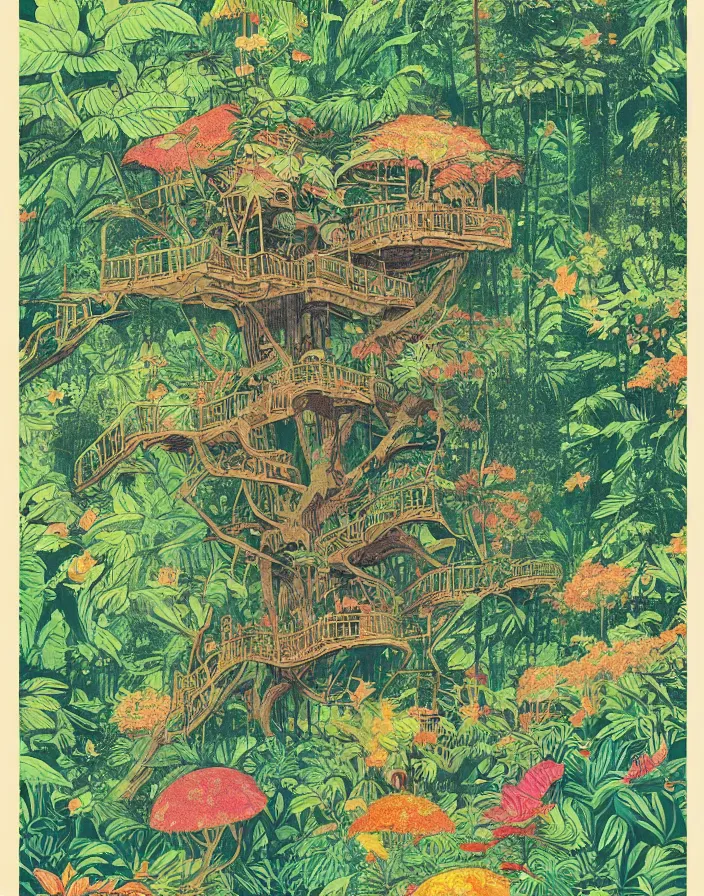 Prompt: floral jungle treehouse, Beautiful vintage Japanese poster, surreal, risograph poster, beautiful colors, deep meaning, Intricate image, moving, Impressionist style, Ghibli art, high detail, dreamy, ethereal