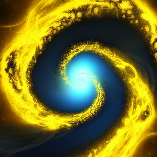 Image similar to hyperrealistic. A yellow black hole with radiant tentacles violently devouring the universe.