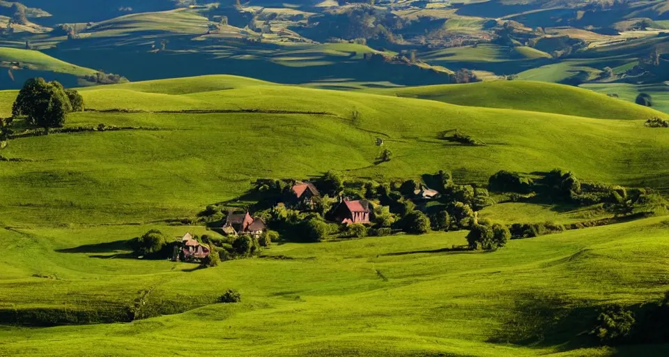 Image similar to verdant valley and rolling hills reminiscent of hobbiton, the lord of the rings