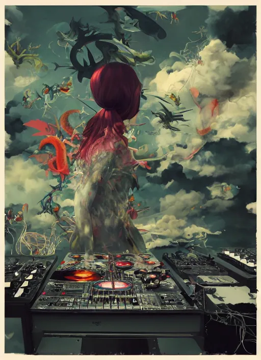 Image similar to surreal gouache painting, by yoshitaka amano, by ruan jia, by Conrad roset, by good smile company, detailed anime 3d render of a chemical flying Vinyl records close to the DJ Mixer, deck surrounded by chemical Dragonflies, Vinyl records, controller, portrait, cgsociety, artstation, rococo mechanical and Digital and electronic, dieselpunk atmosphere