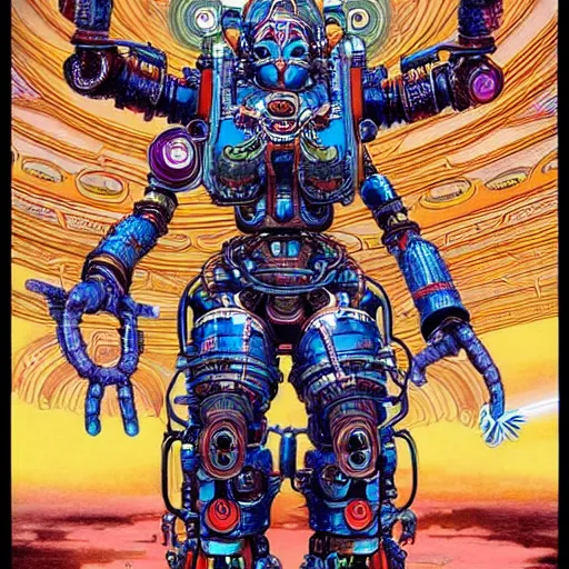 Image similar to detailed intricate color manga illustration of a Hindu god with a halo as an evil cyborg alien robot with lots of arms and weapons, cyberpunk, sistine chapel, davinci, religion, Hindu, vishnu, akira, dystopian, sci-fi, geof darrow, transmetropolitan, ronin