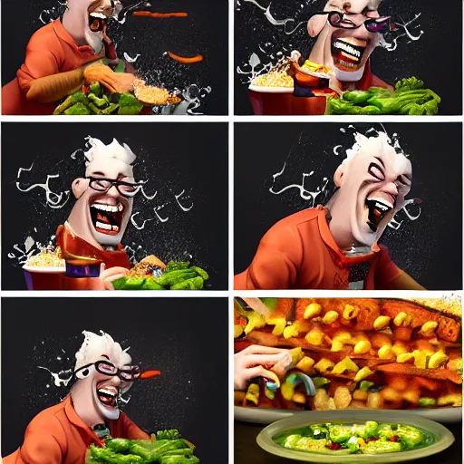 Prompt: a mad scientist laughing happily at the rain of food he managed to create , concept art, trending on artstation 3D.