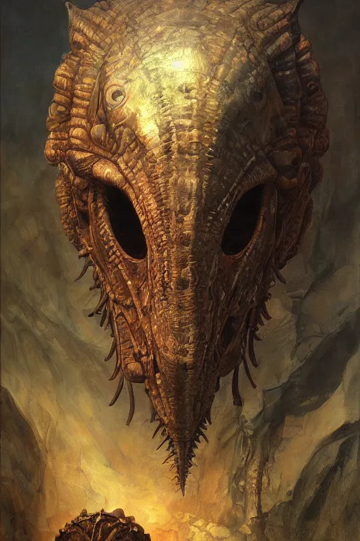 Prompt: beautiful oil clean painting biomechanical portrait of dinosaur with huge helmet complex machine by wayne barlowe, rembrandt, complex, stunning, realistic skin color, 4 k, high res, awardwinning, masterpiece, realistic lighting