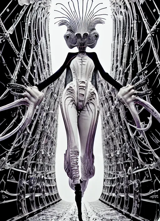 Image similar to walking down the catwalk, steven klein, h. r. giger, show, stage, vogue photo, podium, fashion show photo, historical baroque dress, iris van herpen, beautiful woman, full body shot, masterpiece, inflatable shapes, alien, predator, guyver, jellyfish, white biomechanical details, highly detailed