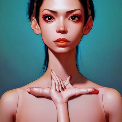 Image similar to a beautiful skinny latina wearing fashionable dress with head tilted back, focus close on eyes realistic skin texture, eighties holographic art by ilya kuvshinov lois van baarle ross tran range murata artgerm katsuhiro otomo norman rockwell, highly detailed intricately sharp focus, bedroom eyes trending on pinterest vogue italia unreal engine 5, 4 k uhd image