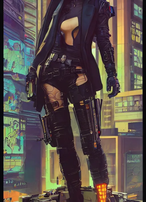 Prompt: powerful cyberpunk assassin. portrait by john philip falter and will eisner and gil elvgren and pixar. full body. realistic proportions. overwatch, rb 6 s, cyberpunk 2 0 7 7, blade runner 2 0 4 9 concept art. cel shading. thick lines.