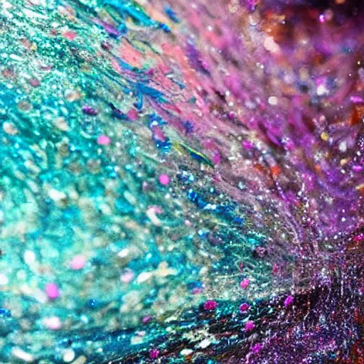 Image similar to glitter and painting mixing underwater turbulence, macro-photography, slow-motion capture