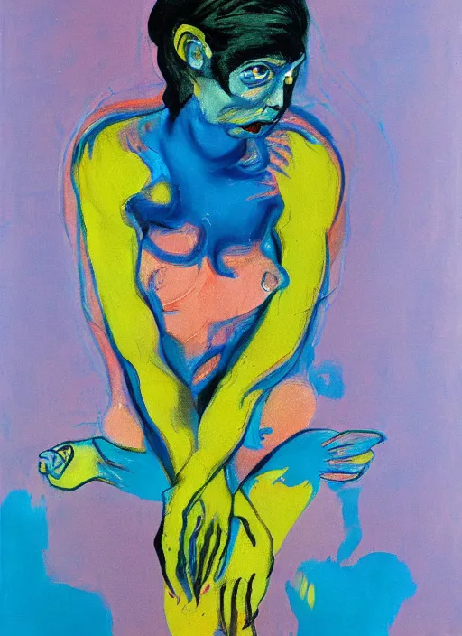 Prompt: beautiful girl, grotesque, doomed, acrylic paint, gouache on canvas, vibrant colors, grotesque, blue thermal background, art francis bacon