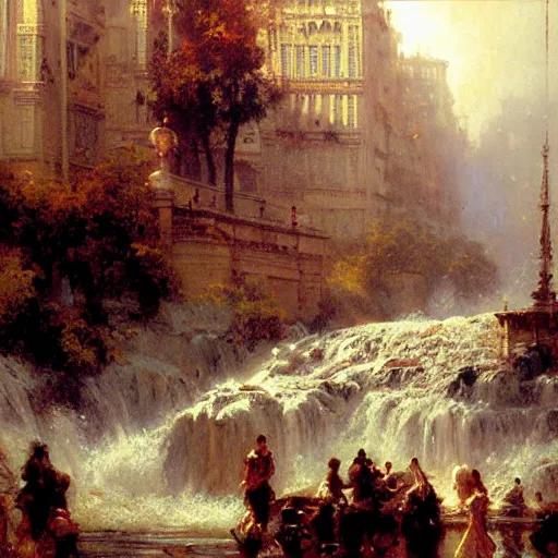 Image similar to waterfall flooding an entire city. victorian age. highly detailed painting by gaston bussiere, craig mullins, j. c. leyendecker