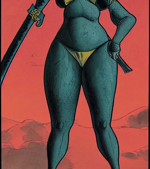 Prompt: 1 9 8 0 s fantasy novel book cover, bbw plus size amazonian 1 8 - year - old millie bobby brown in extremely tight bikini armor wielding a cartoonishly large sword, exaggerated body features, dark and smoky background, low quality print
