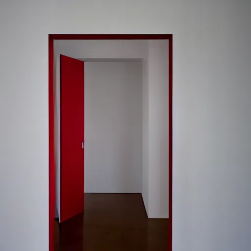 Image similar to a featureless white room with a red door on the far end, liminal space,