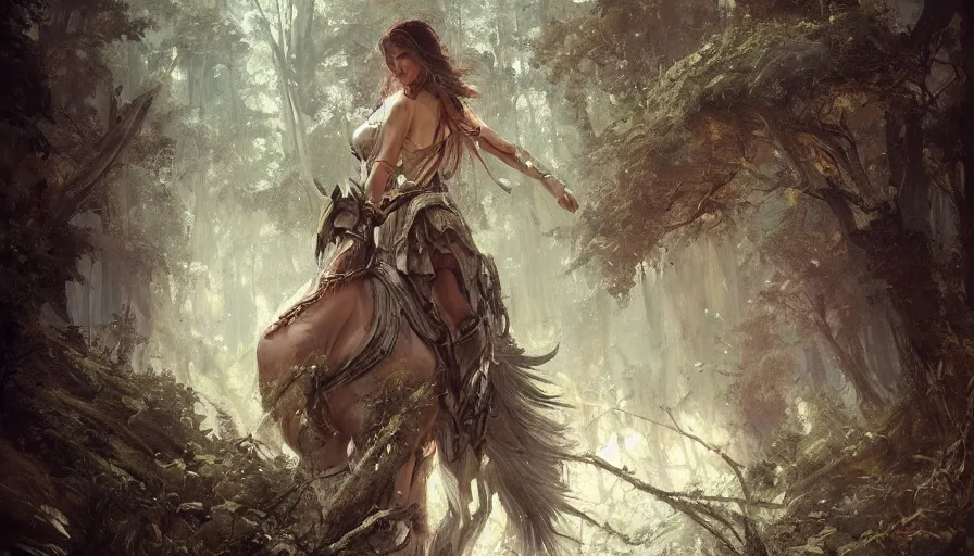 Prompt: A beautiful detailed painting of a female angel warrior reigns on a magical forest by greg rutkowski and Kalin Popov , Trending on artstation HD.