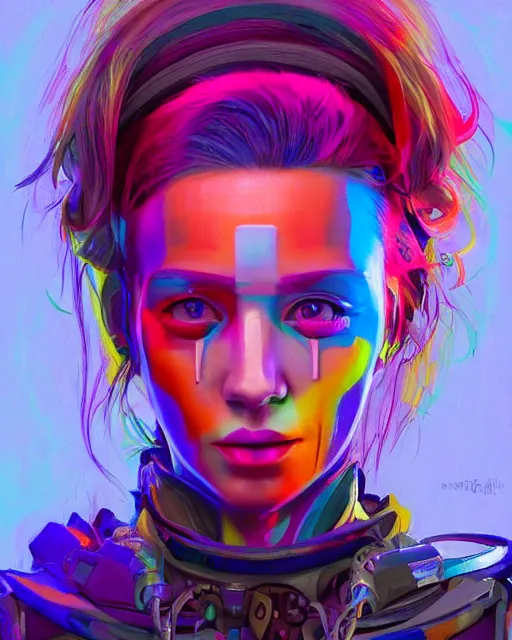 Image similar to colorful character portrait of a non - binary hippie, set in the future 2 1 5 0 | highly detailed face | very intricate | symmetrical | cinematic lighting | award - winning | painted by mandy jurgens | pan futurism, dystopian, bold colors, cyberpunk, groovy vibe, anime aesthestic | featured on artstation