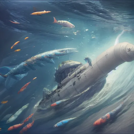 Image similar to subsurface scattering, white, giant submarine, koi colors only, octane render, jesper ejsing, justin gerard, james jean, tomasz alen kopera, cgsociety, fenghua zhong, makoto shinkai, highly detailed, rim light, art, cinematic lighting, very coherent, hyper realism, 8 k