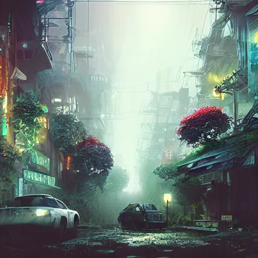 Image similar to overgrown city street atmospheric, kodak, fuji film, photoreal, 12k ursa, volumetric light, cinematic photograph concept art, intricate, artstation, studio ghibli, eddie mendoza, james chadderton