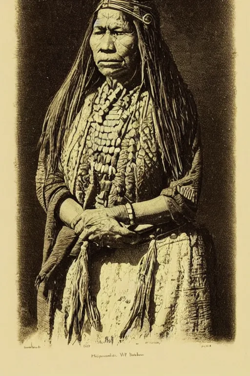 Image similar to “19th century wood engraving of a Native American indian woman, portrait, Nanye-hi Beloved Woman of the Cherokee, wearing a papoose showing pain and sadness on her face, ancient”