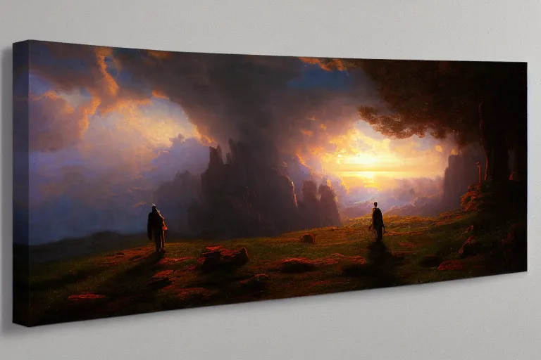 Image similar to a time traveler walking through a portal in the clouds, very detailed, oil painting, cinematic lighting, albert bierstadt, trending on artstation, colorful, canvas, sunset, hans dahl