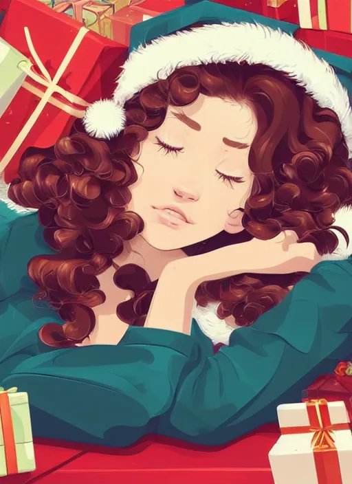 Prompt: a fifteen year old with short wavy curly hair, asleep at christmas. surrounded by gifts. high quality detailed face. clean cel shaded vector art. shutterstock. behance hd by lois van baarle, artgerm, helen huang, by makoto shinkai and ilya kuvshinov, rossdraws, illustration, art by ilya kuvshinov