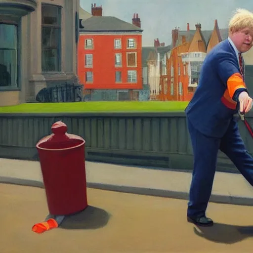 Image similar to A fine art painting of Boris Johnson doing community service in a high vis vest, he is picking litter on a British street. In the style of Edward Hopper and Wes Anderson