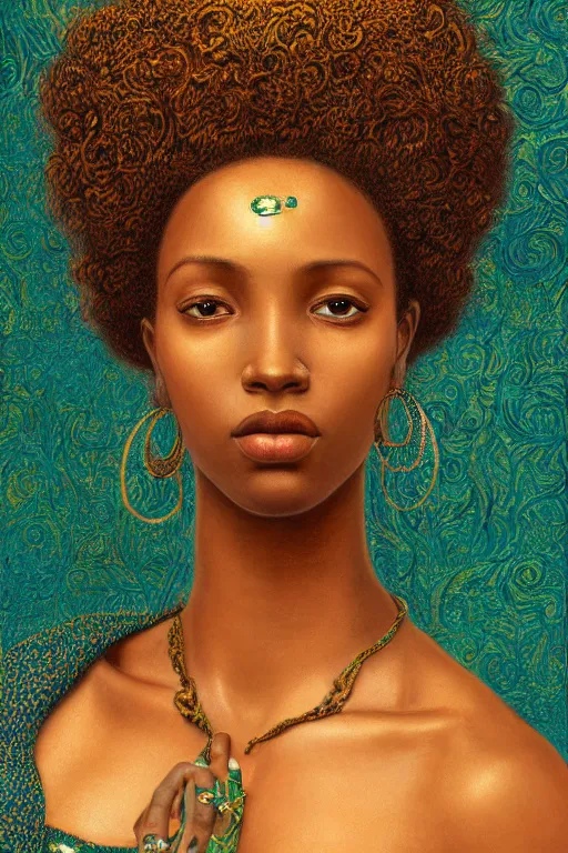 Image similar to Portrait of a Beautiful African female, sad green eyes, beautiful skin, elegant, jewellery, digital painting, Pre-Raphaelites, highly detailed, concept art, smooth, sharp focus, gold and indigo, illustration, art by Klimt .