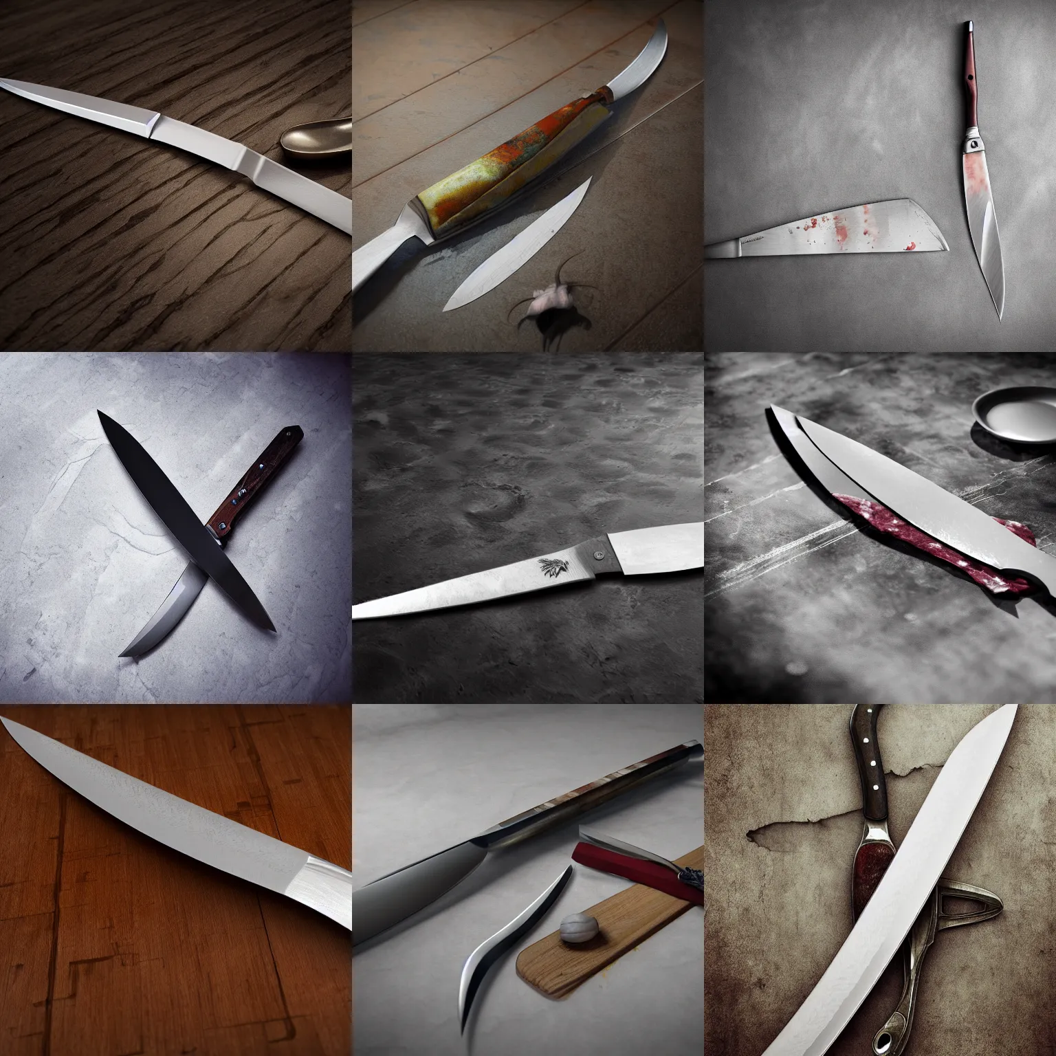 Prompt: butcher knife on the kitchen table, fantasy digital art, high detail, octane render, by greg rutkovski, miyazaki
