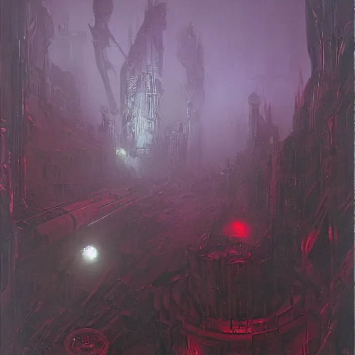 Prompt: the blind liberty of the few, red and purple palette, volume light, fog, by ( h. r. giger ) and paul lehr