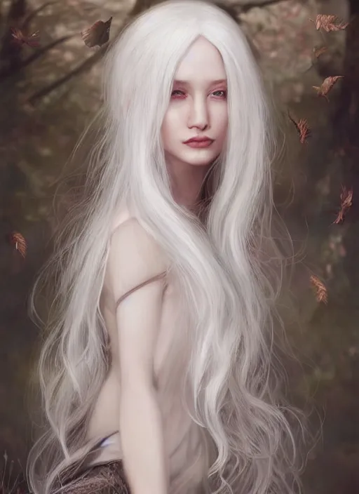 Image similar to a beautiful albino woman, 8 k, hyperrealistic, hyperdetailed, beautiful face, long white hair windy, dark fantasy, fantasy portrait by laura sava