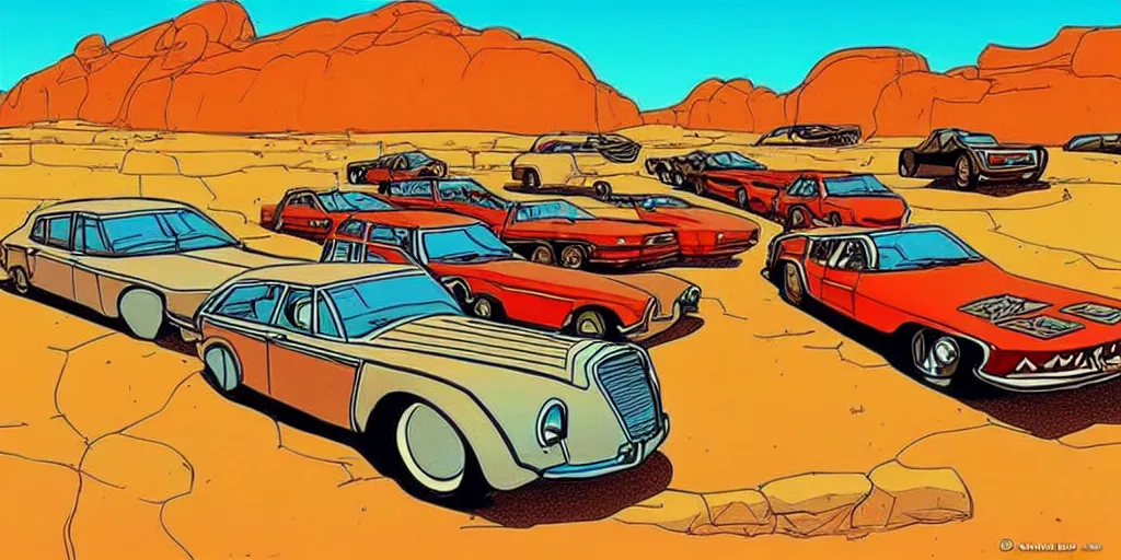 Image similar to vintage cars in a desert, cartoon, moebius style