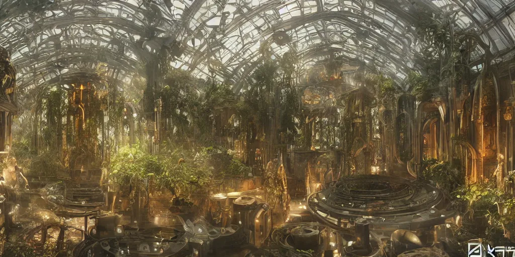 Image similar to octane render, ultra photorealistic, hyper detailed, unreal engine, aisles of amber liquid hyperbaric chambers preserving human bodies, breathtaking sci - fi gothic victorian greenhouse terrarium artwork by james cameron, greg rutkowski, alphonse mucha, james gurney inspired by blade runner 2 0 4 9