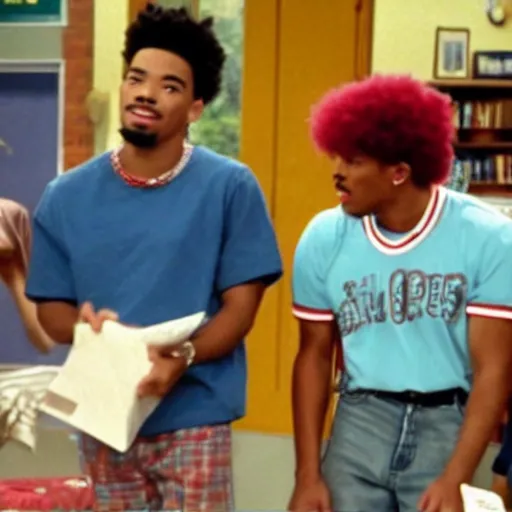 Image similar to a tv still of Chance The Rapper starring as a black college student at Jones College Prep in a 1993 sitcom