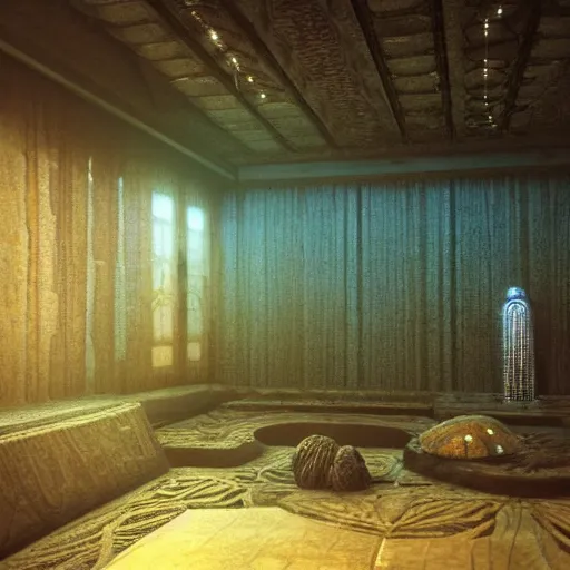 Image similar to detailed 3 d render of bladerunner interior room with celestial ephemeral ornaments and african architecture, artstation, beksinski, cinematic