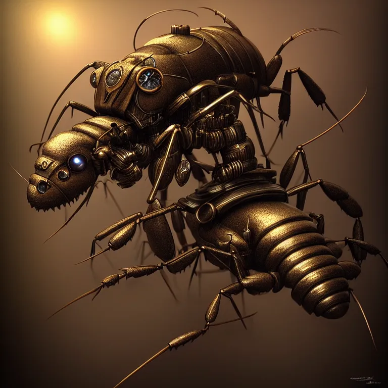 Prompt: steampunk ant, 3 d model, symmetrical artwork, unreal engine realistic render, 8 k, micro detail, intricate, elegant, highly detailed, centered, digital painting, artstation, smooth, sharp focus, illustration, artgerm, tomasz alen kopera, wlop