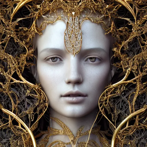 Prompt: Ultra detailed beautiful 3d render of a marble statue, beautiful woman face, long shiny hair, symmetrical composition, macro, intricate thin details in gold, crown made of fantasy flowers and leaves, fractal vines, octane render, 8k, high quality, volumetric lighting, color grading, by James Jean and WLOP and Victo Ngai and Craig Mullins