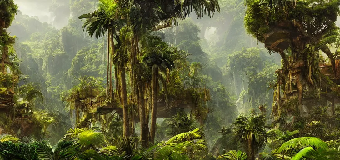 Prompt: exotic tropical jungle, astec ruins of el dorado, concept art, matte painting, 4k , clean post process, film still, style by raphael lacoste, eddie mendoza, alex ross