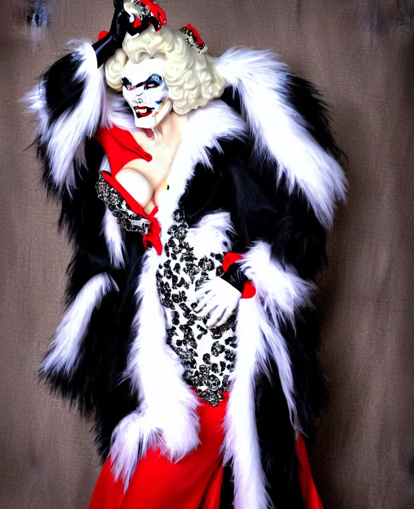 Image similar to cruella in a stunning dress posing for photographers